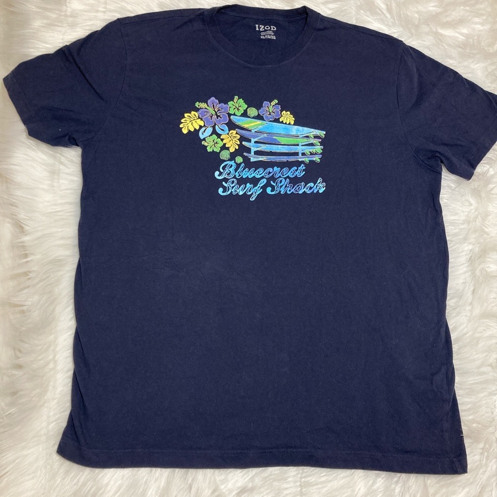 IZOD Men's Blue T-shirt with Floral & Surf Boards Print "BlueCrest Surf Shack"
